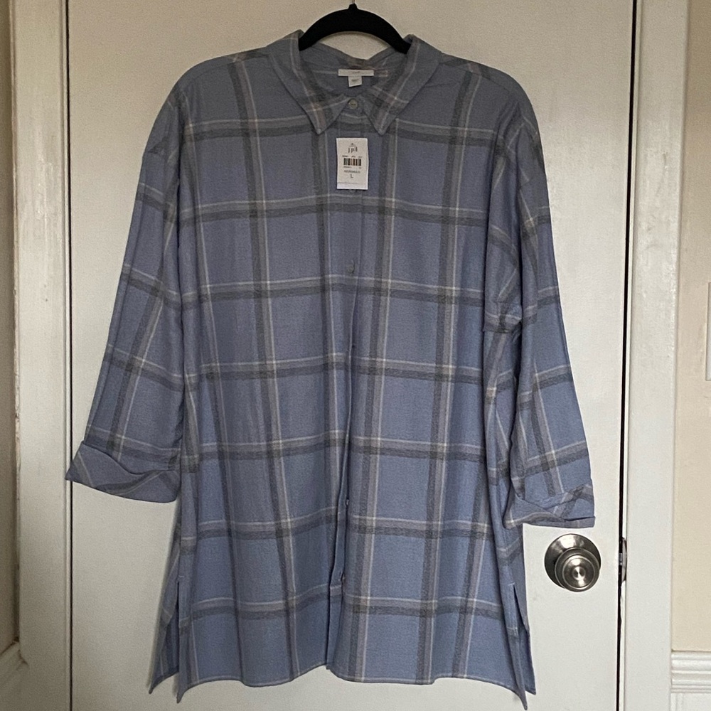 J Jill Light Blue Plaid Button-Up Tunic Shirt